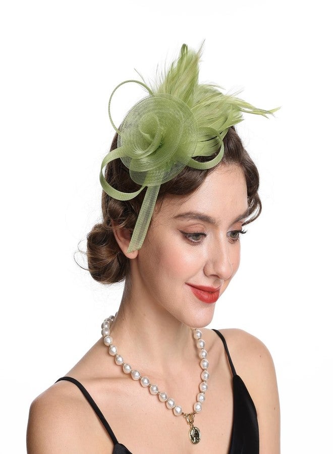 SAFERIN Fascinator for Women Hair Clip Hat Bowler Feather Flower Veil Wedding Party Tea Hat (US, Alpha, Medium, M-Avocado Green) - Image 1